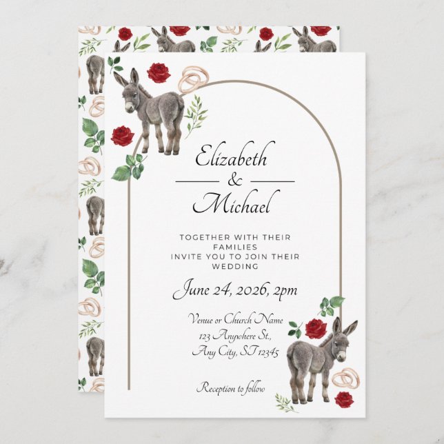 Donkey Red Floral Wedding Invitation  Inbjudningar (Fram/baksida)