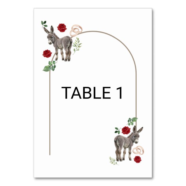 Donkey Red Floral Wedding Table Number Card Bordsnummer (Framsidan)