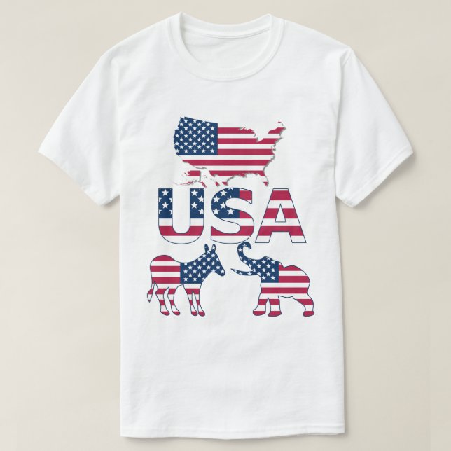 Donkey, USA flagga Karta, Elefantska politiska val T Shirt (Design framsida)