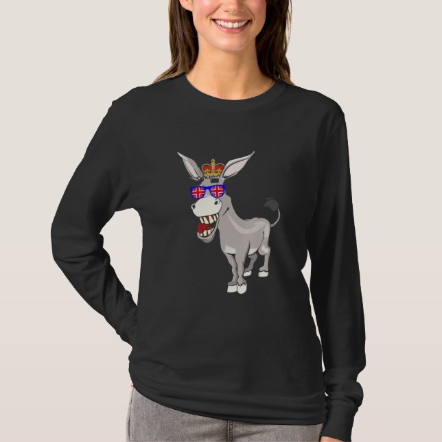Donkey Wearing Sunglasses and Krona England UK Fla T Shirt (Framsida)