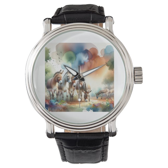 Donkeys in Harmony ABREF108 - Watercolor Armbandsur (Framsida)