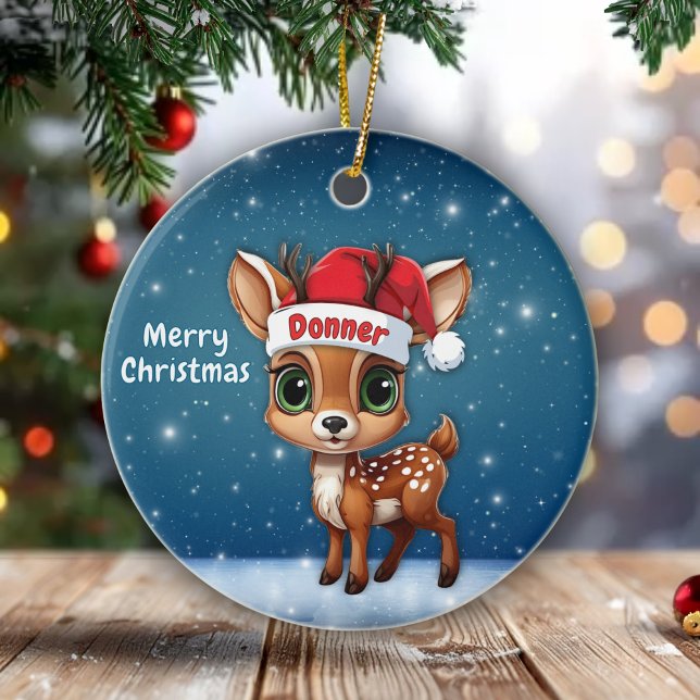 Donner Söt Whimsical Ren Grafik Unik🦌 🎄 Julgransprydnad Keramik (Personalizable Cute Whimsical Reindeer Graphic, Snowy Deer illustration, Blue Festive Ornament 🦌🎄)