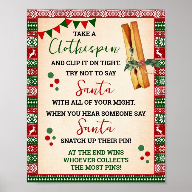 Don't Say Santa Clothespin Game Ugly Sweater Sign Poster (Framsidan)