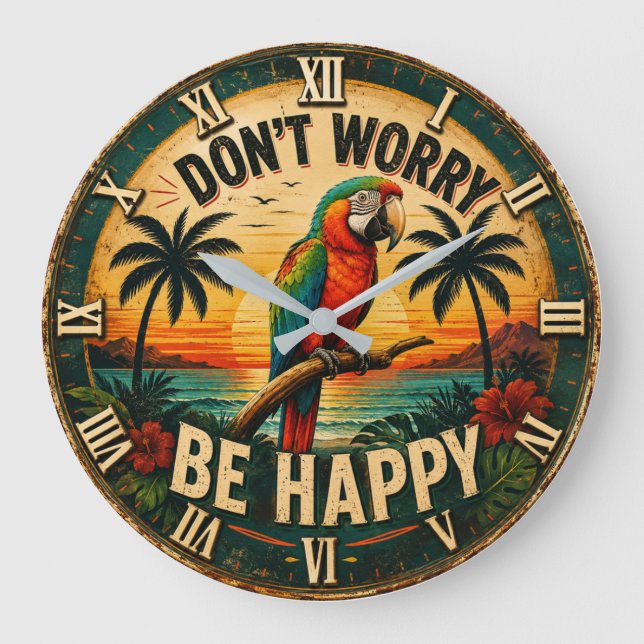 Don't Worry Be Happy Tropical Parrot  Stor Klocka (Framsida)