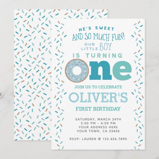 Donut 1:a födelsedagsinbjudan inbjudningar (Fram/baksida)