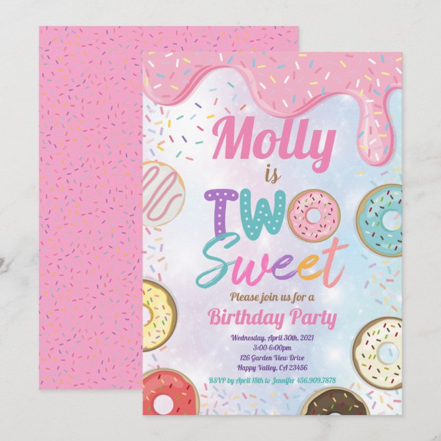 Donut 2 Sweet 2 Birthday Party Rosa Pastel Inv Inbjudningar (Fram/baksida)