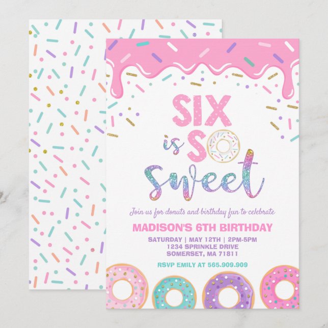 Donut 6e födelsedag Inbjudan Donut Six är sötad (Fram/baksida)
