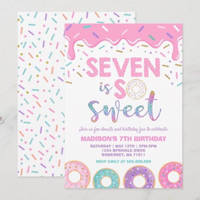 Donut 7:e Birthday Inbjudan Donut Seven är Sweet (Fram/baksida)