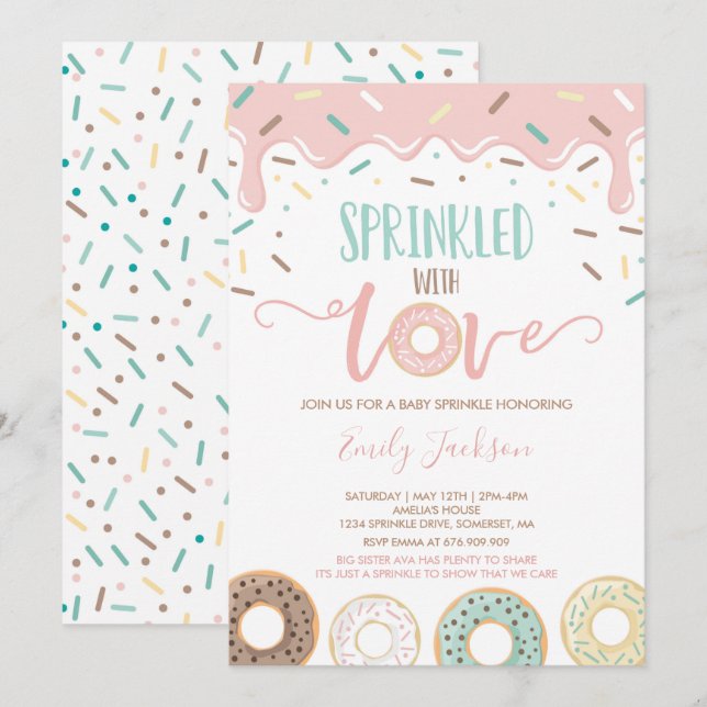 Donut Baby Sprinkle-inbjudan sprinklad med Kärlek Inbjudningar (Fram/baksida)