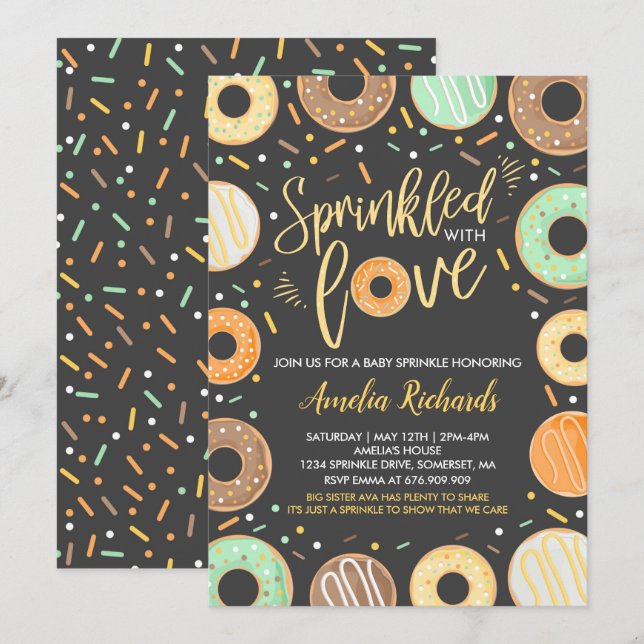 Donut Baby Sprinkle-inbjudan sprinklad med Kärlek Inbjudningar (Fram/baksida)