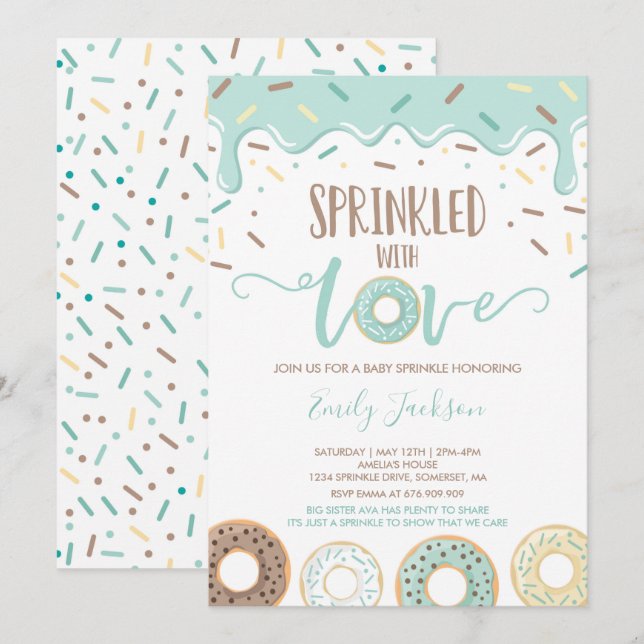 Donut Baby Sprinkle-inbjudan sprinklad med Kärlek Inbjudningar (Fram/baksida)
