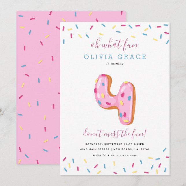 Donut Birthday-firande | Fyra Inbjudningar (Fram/baksida)