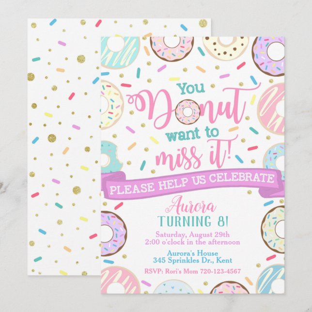 Donut Birthday-inbjudan Donut Party Inbjudningar (Fram/baksida)