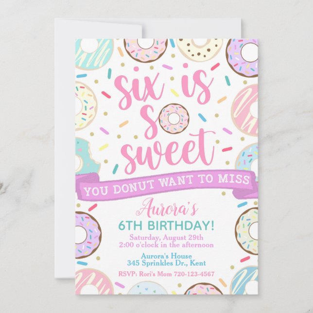 Donut Birthday-inbjudan, sex är Sweet-inbjudan Inbjudningar (Framsida)
