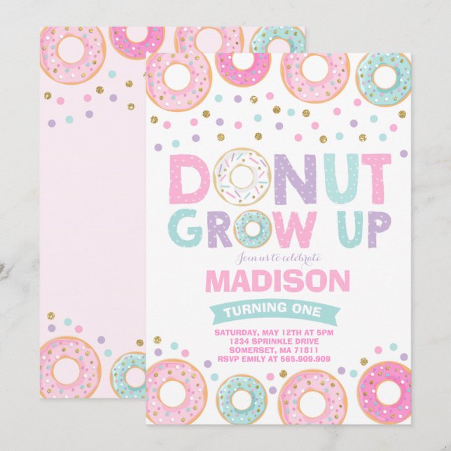 Donut Birthday-inbjudan: Väg upp Party Inbjudningar (Fram/baksida)