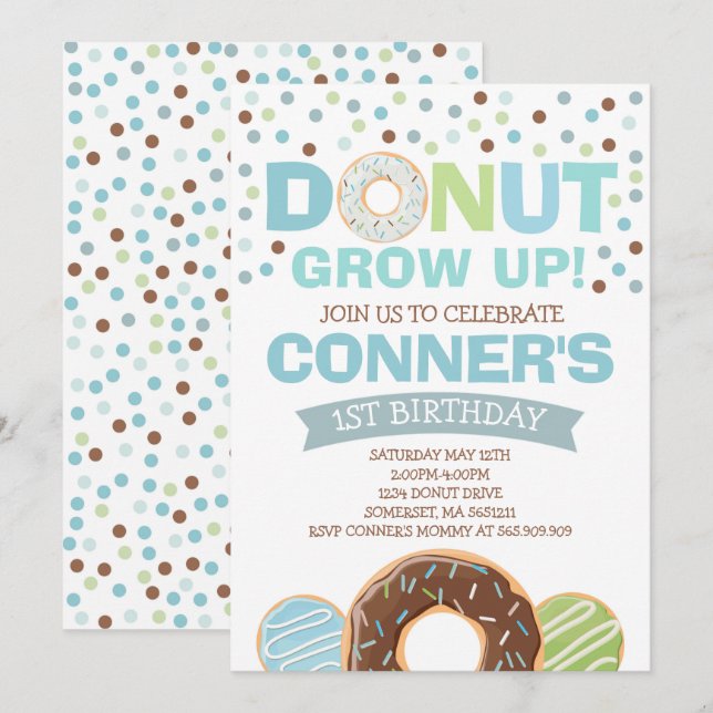 Donut Birthday-inbjudan: Väg upp Party Inbjudningar (Fram/baksida)