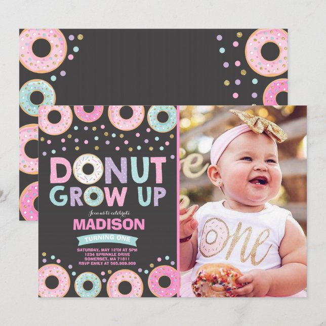 Donut Birthday-inbjudan: Väg upp Party Inbjudningar (Fram/baksida)