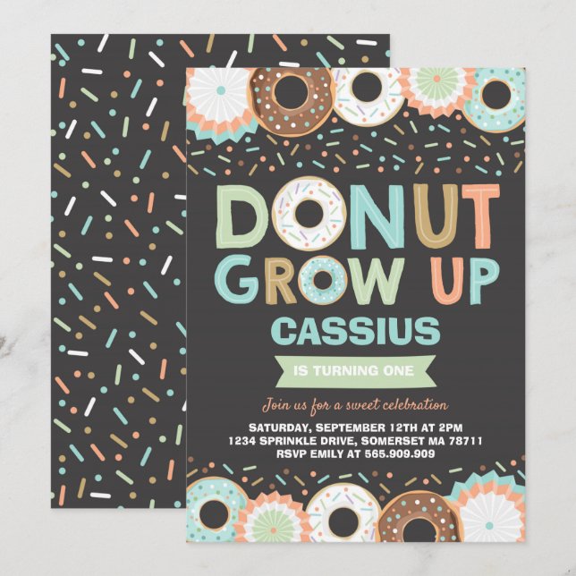 Donut Birthday-inbjudan: Väg upp Party Inbjudningar (Fram/baksida)
