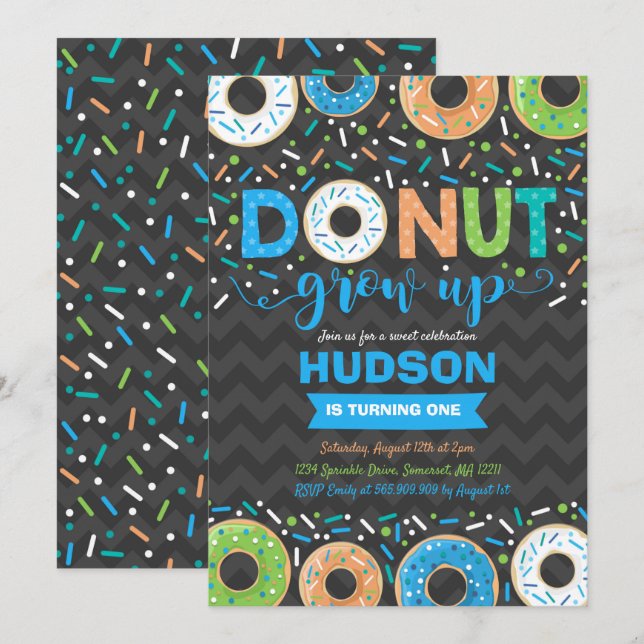 Donut Birthday-inbjudan: Väg upp Party Inbjudningar (Fram/baksida)