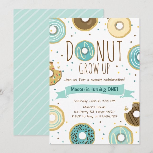 Donut Birthday-inbjudan: Väg upp Party Inbjudningar (Fram/baksida)