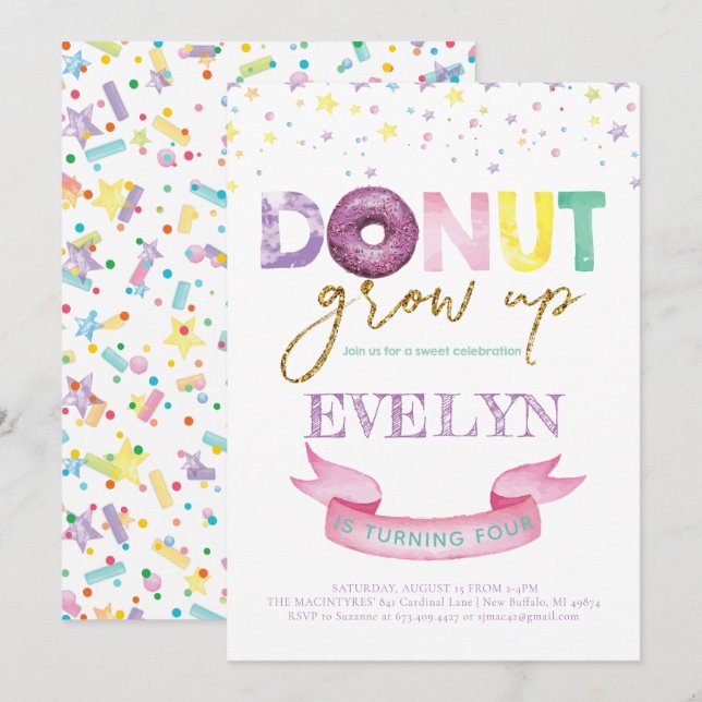 Donut Birthday-inbjudan: Väg upp Party Inbjudningar (Fram/baksida)