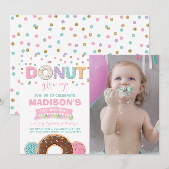Donut Birthday-inbjudan: Väg upp Party Inbjudningar (Fram/baksida)
