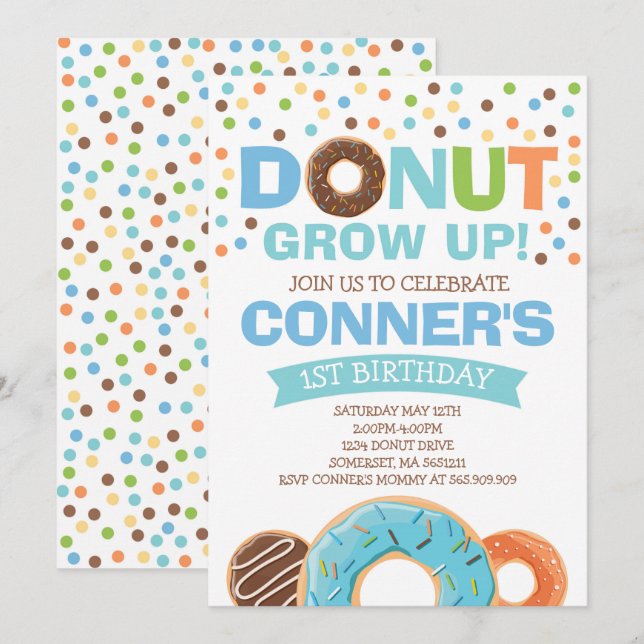 Donut Birthday-inbjudan: Väg upp Party Inbjudningar (Fram/baksida)