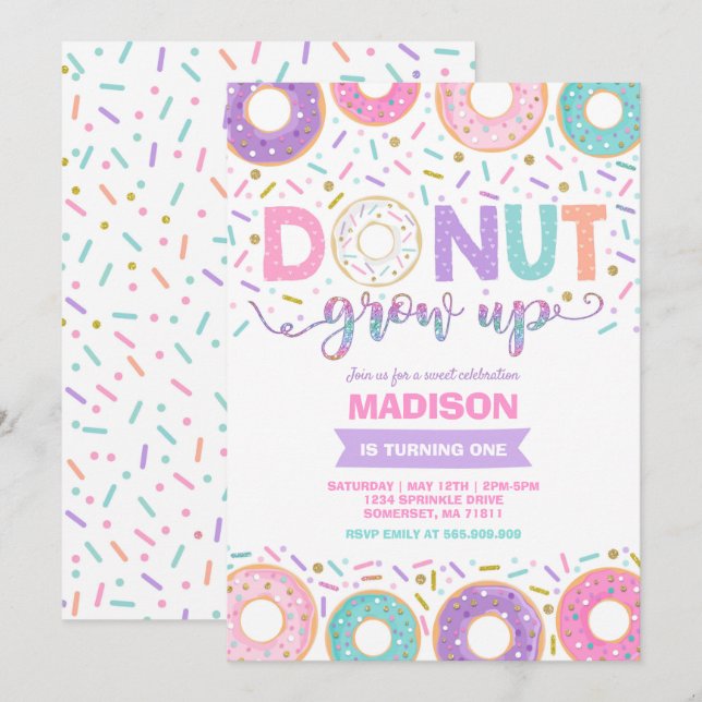 Donut Birthday-inbjudan: Väg upp Party Inbjudningar (Fram/baksida)