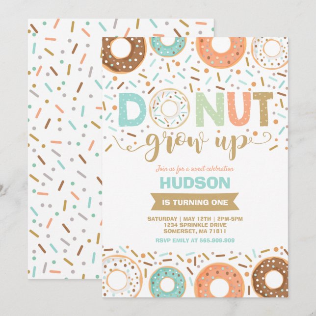 Donut Birthday-inbjudan: Väg upp Party Inbjudningar (Fram/baksida)