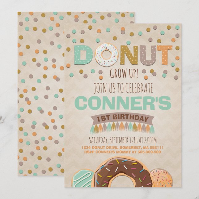 Donut Birthday-inbjudan: Väg upp Party Inbjudningar (Fram/baksida)
