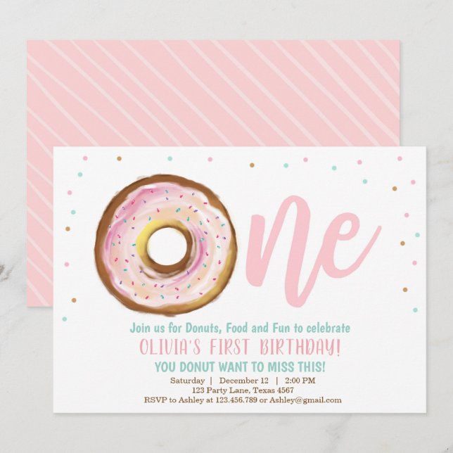 Donut Bjud in en flicka 1:a födelsedagen Party Swe Inbjudningar (Fram/baksida)