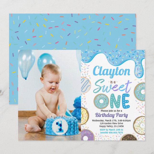 Donut Boy Sweet One 1st Birthday Party Blue Photo  Inbjudningar (Fram/baksida)