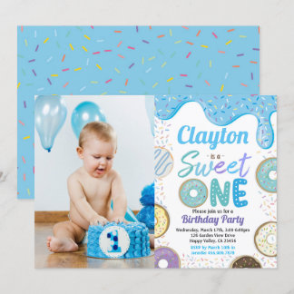 Donut Boy Sweet One 1st Birthday Party Blue Photo Inbjudningar