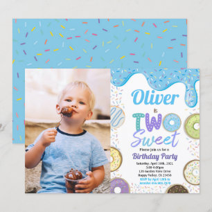 Donut Boy Two Sweet 2nd Birthday Party Blue Photo Inbjudningar