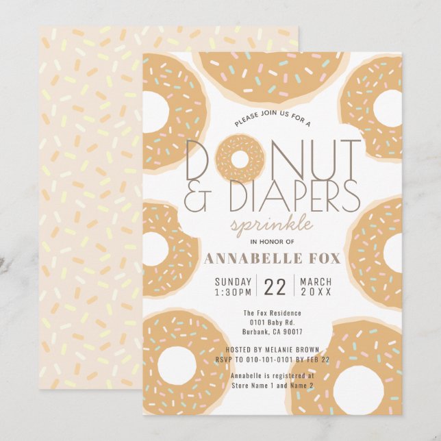 Donut & Diaper Sprinkle Caramel Baby Shower Inbjudningar (Fram/baksida)