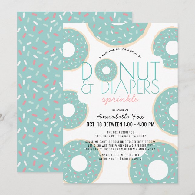 Donut & Diaper Sprinkle Mint Drive by Baby Shower Inbjudningar (Fram/baksida)