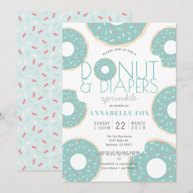 Donut & Diaper Sprinkle Mint Grönt Baby Shower Inbjudningar (Fram/baksida)