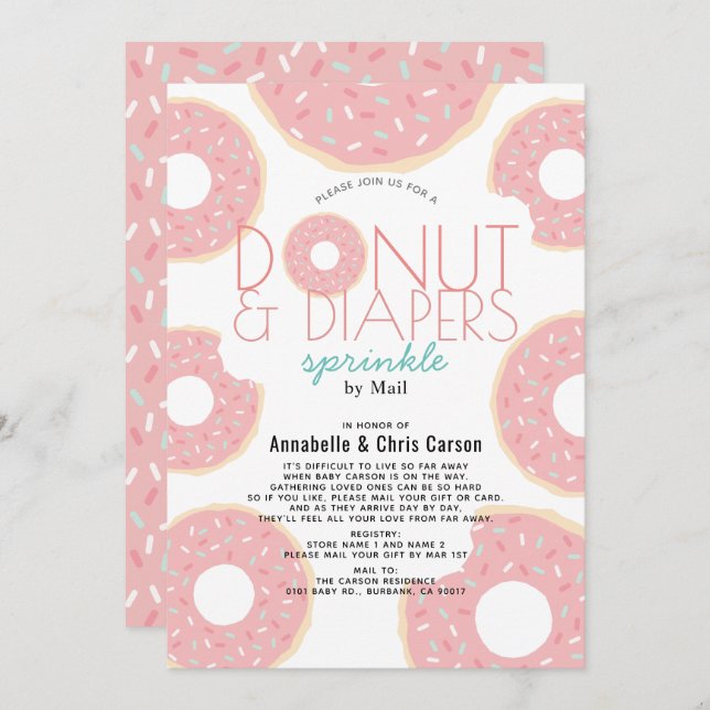 Donut & Diaper Sprinkle Rosa Baby Shower by Mail Inbjudningar (Fram/baksida)