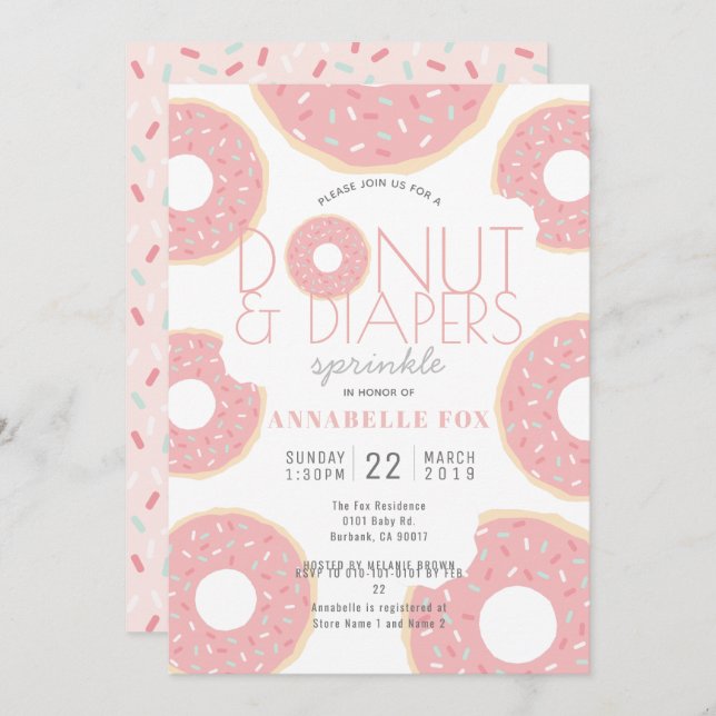 Donut & Diaper Sprinkle Rosa Baby Shower Inbjudningar (Fram/baksida)