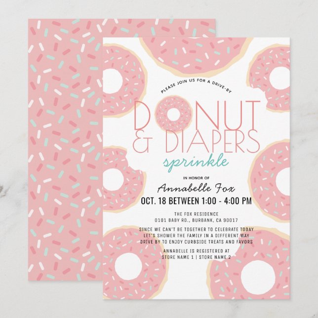 Donut & Diaper Sprinkle Rosa Drive by Baby Shower Inbjudningar (Fram/baksida)