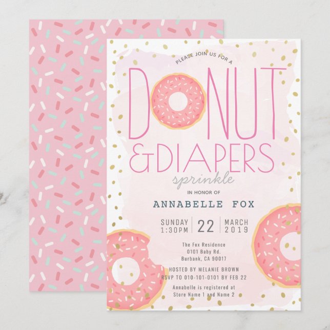 Donut & Diaper Sprinkle Rosa Guld Baby Shower Inbjudningar (Fram/baksida)