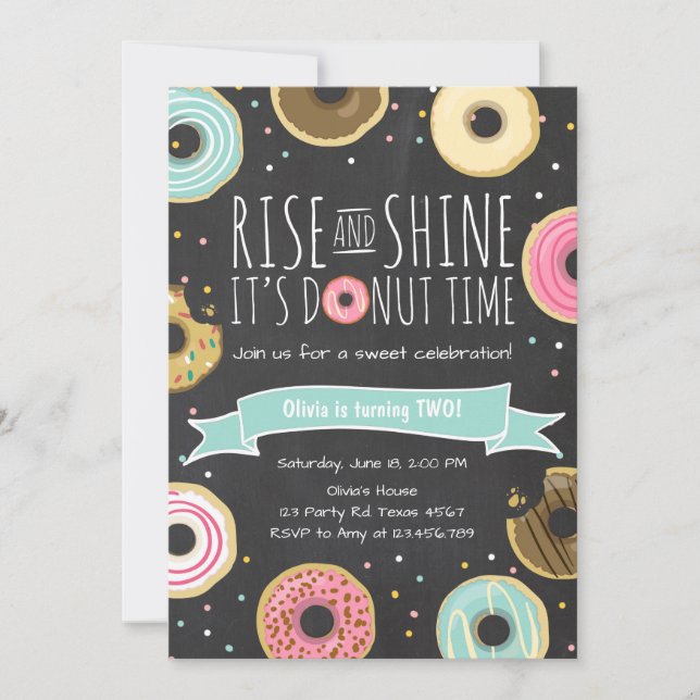Donut Födelsedagsfest inbjudan Stiga upp och Shine (Framsida)