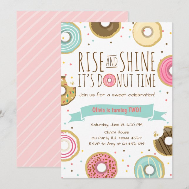 Donut Födelsedagsfest inbjudan Stiga upp och Shine (Fram/baksida)