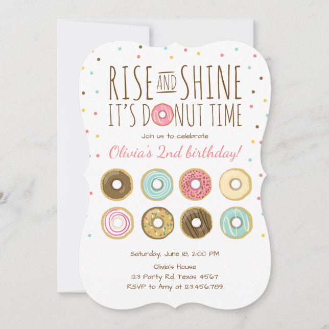 Donut Födelsedagsfest inbjudan Stiga upp och Shine (Framsida)