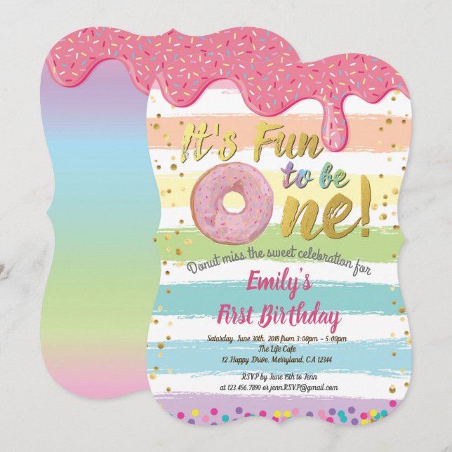 Donut första födelsedag party pastellregnbåge inbjudningar (Fram/baksida)