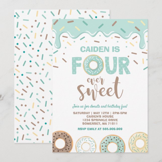 Donut Fyra gånger sötare Inbjudan Donut 4e födelse (Fram/baksida)