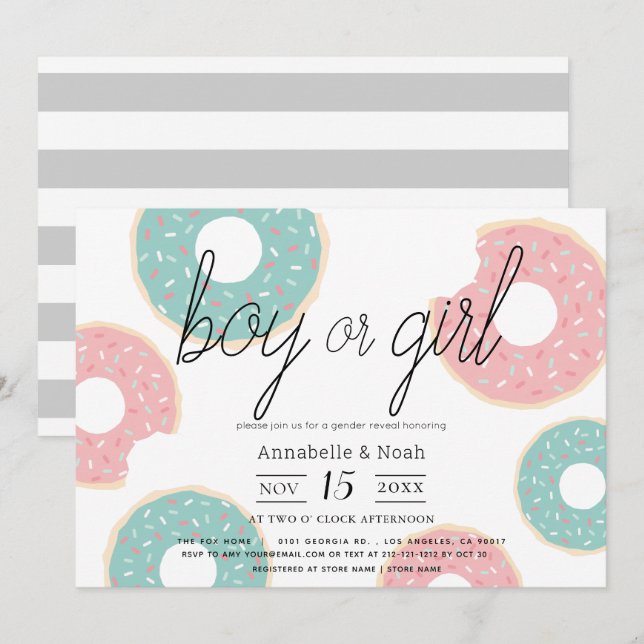 Donut Gender Reveal Rosa & Grönt Inbjudningar (Fram/baksida)