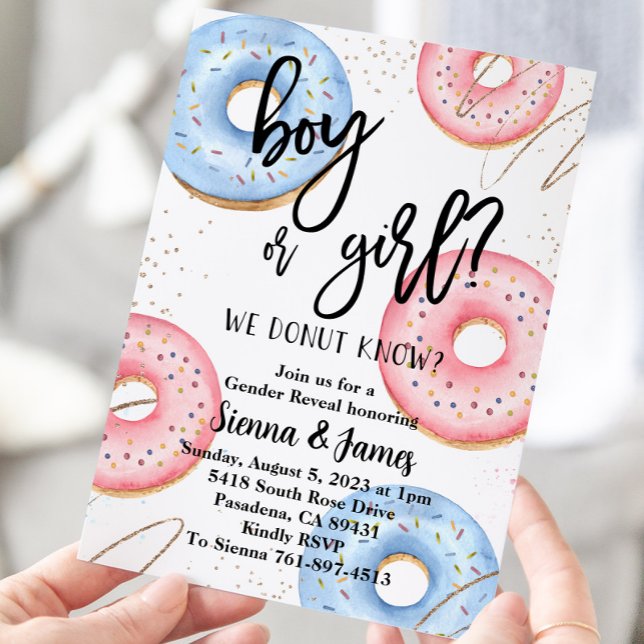 Donut-Genderna avslöjar, vi vet inte, Rosa eller b Inbjudningar (Skapare uppladdad)