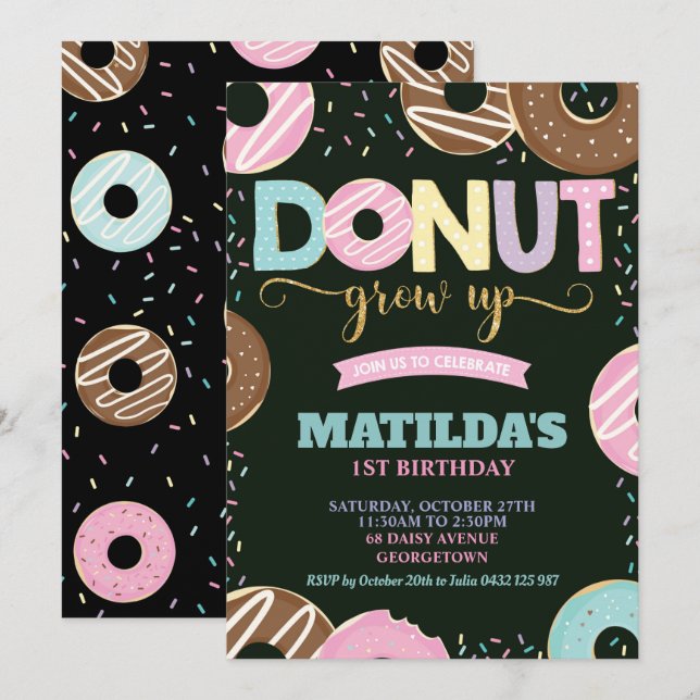 Donut Grodd upp 1:a födelsedagstidningen Girl Doug Inbjudningar (Fram/baksida)