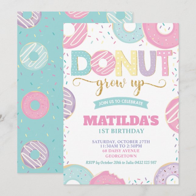 Donut Grodd upp 1:a födelsedagstidningen Girl Doug Inbjudningar (Fram/baksida)